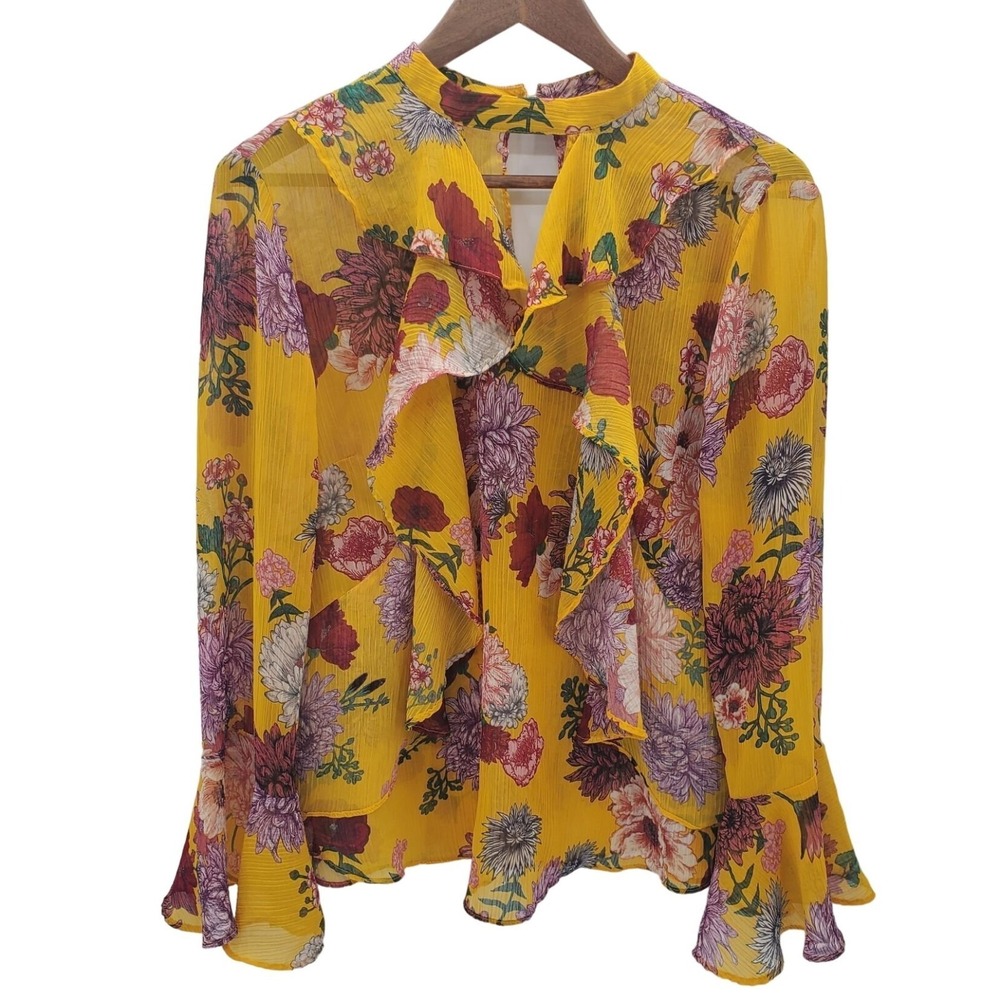 Belle Sky Womens L‎ Yellow Floral Ruffle Sheer Long Sleeve Boho Blouse Festival